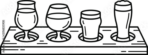 Tableau sur toile Beer flight illustration featuring various types of beer glasses on a wooden paddle, showcasing different craft beer options