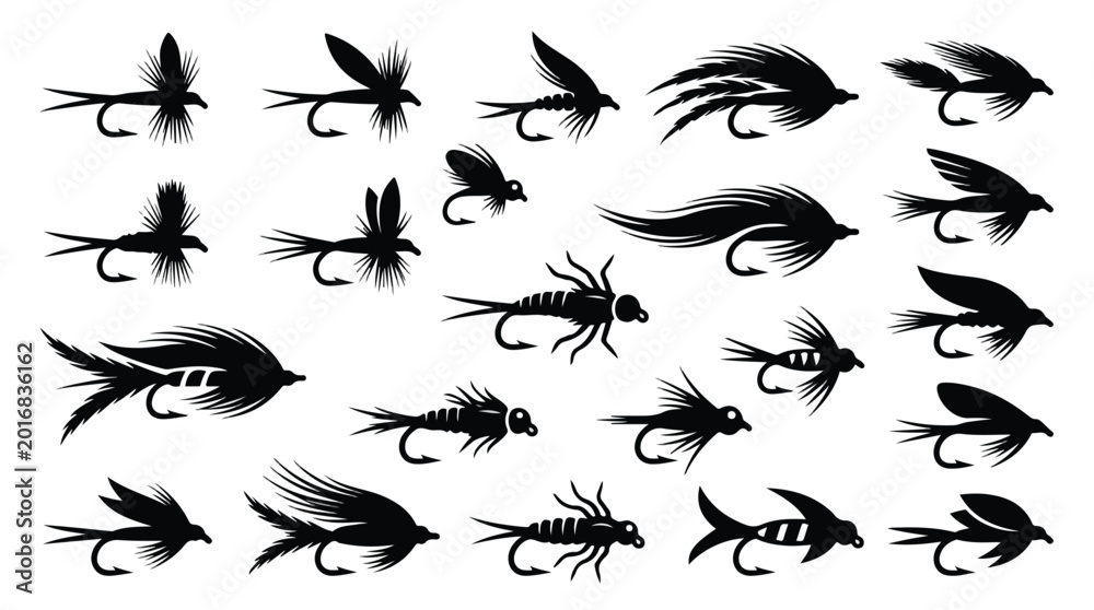 Fototapeta premium Collection of assorted fishing flies arranged in rows on a plain white background in a flat lay composition with black silhouettes.