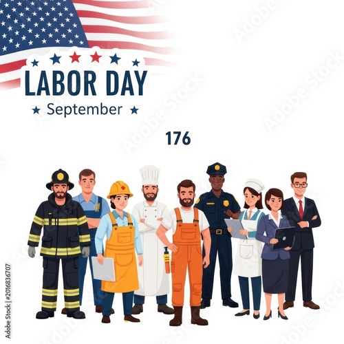Labor day celebration with a diverse group of people representing different professions and american flag background