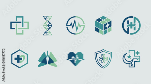 Medical icons depicting healthcare symbols in blue and green hues on a light background