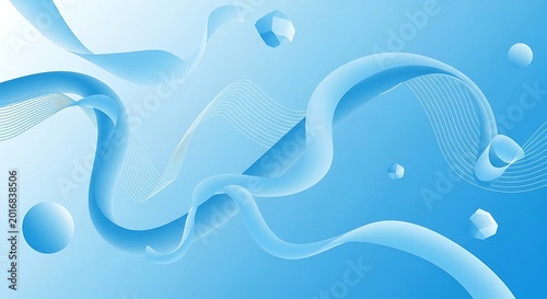 Abstract Blue Background with Fluid Ribbons and Bubbles for Design.