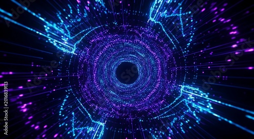 Futuristic Digital Data Visualization with Light Trails and Circular Patterns.