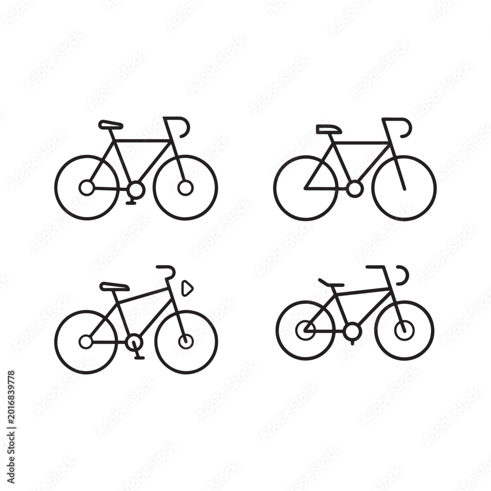 Obraz premium Set of four different bicycle line icons in black color simple bike illustrations in various styles and positions