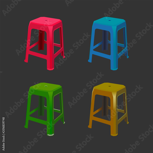 Isometric 3D vector illustration of four colorful plastic stools in red, blue, green, and orange. Isolated on a dark grey background.