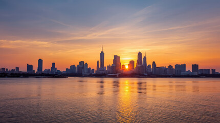 Panoramic skyline sunset over calm water with warm golden reflection