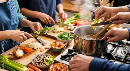 Diverse Group of Friends and Family Enjoying Cooking Together in a Modern Kitchen Preparing a Healthy Meal with Fresh Vegetables and Ingredients