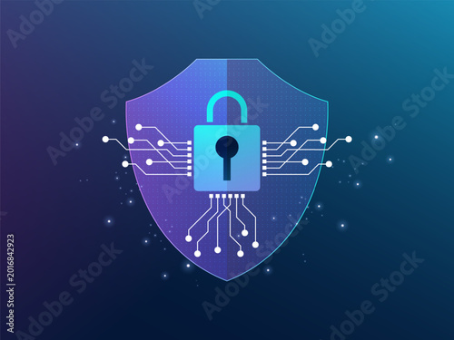 Futuristic AI technology shield with digital hologram padlock and A circuit board flew out on shield technology vector illustration design concept, data protection, AGI, AI, advanced technology.