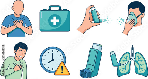 Vector illustration of asthma symptoms and treatment, inhaler use, first aid kit, and breathing difficulty, isolated
