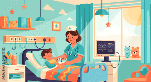 Nurse caring for young boy in pediatric hospital room