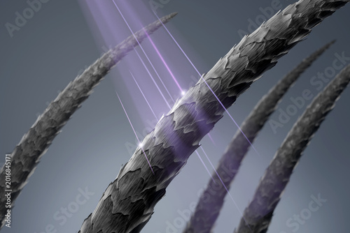 Microscopic uv damaged hair cuticle with dry split keratin fiber exposed to ultraviolet radiation 3D rendering