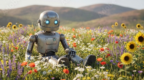 The friendly robot stands with raised arms concept. A robot peacefully sits in a colorful flower field, enjoying nature.