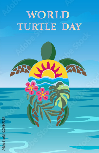 World Turtle Day Poster Vector Illustration, Tropical Sea Turtle Conservation Awareness Design