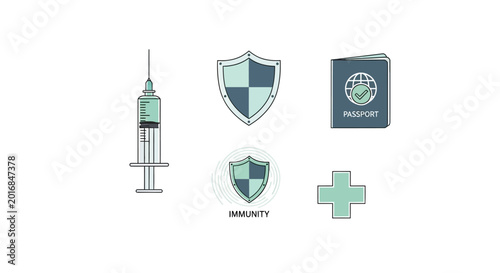 Bild auf Leinwand Health and immunity protection icons: syringe, shield, passport, and cross