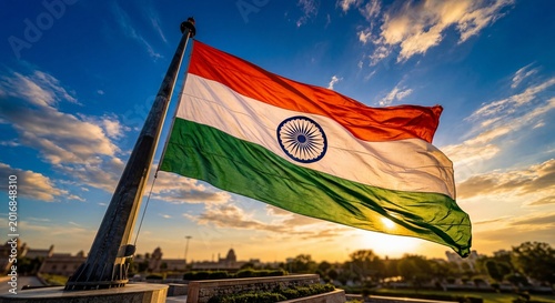 Large Indian national flag waving against blue sky and golden sunset for patriotic Independence Day background