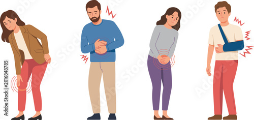Photos People suffering body pain illustration, healthcare injury symptom collection, m