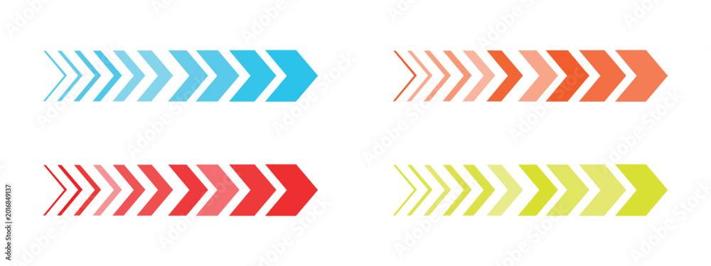 Fototapeta premium Colorful directional chevron and progress arrow set with blue, orange, red, and green gradients. Isolated vector illustration of forward movement and loading symbols for web interface.
