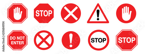 Fotografie Red prohibition and warning traffic sign set with stop, do not enter, and exclamation mark