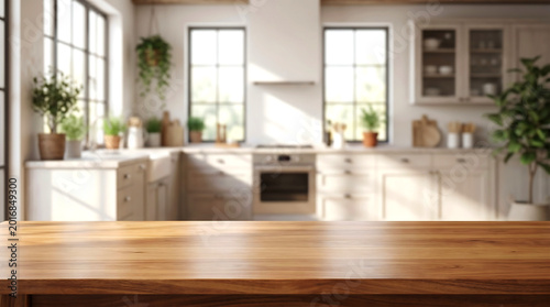 Empty wooden table top with blurred modern kitchen background for culinary product display mockup and website banner