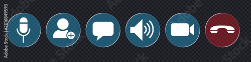 Φωτογραφία Glassmorphism video call and virtual meeting interface icon set with microphone, camera, and hang up button