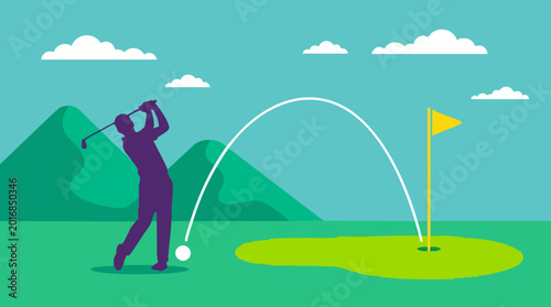 Valokuva Golfer hitting a golf ball with a club towards a flag on a green golf course