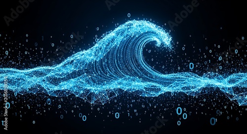 Dynamic Digital Wave Illustration with Bright Blue Color and Particle Effects.
