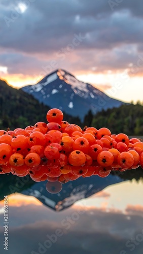 A serene mountain landscape with vibrant orange berries on water