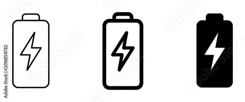 3 Battery silhouette icons lightning bolt, solid black style, renewable energy technology set
