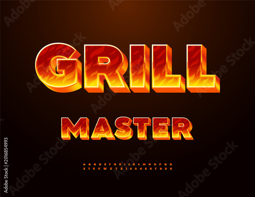 Vector Culinary Advertisement Grill Master. Flame Cool Font. Burning Effect 3D Alphabet Letters and Numbers set.