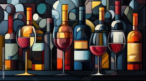 A colorful illustration of wine bottles and glasses, arranged in an abstract pattern on the right side of the canvas The background is a dark gray with subtle gradients, Generative AI