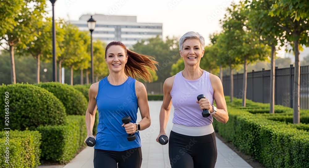 Obraz premium Two Active Women Jogging with Resistance Bands in an Urban Park Pathway During Golden Hour