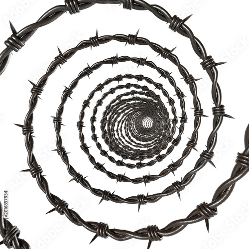 Spiral barbed wire tunnel close-up symbolizing security, danger, isolation and industrial barrier