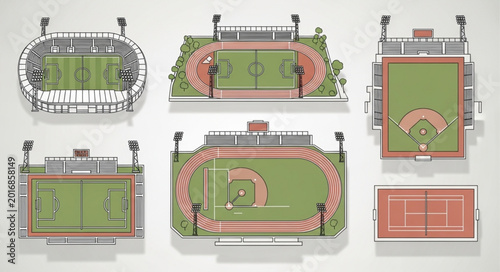 Tableau sur toile Collection of Sports Stadiums and Fields Aerial View.