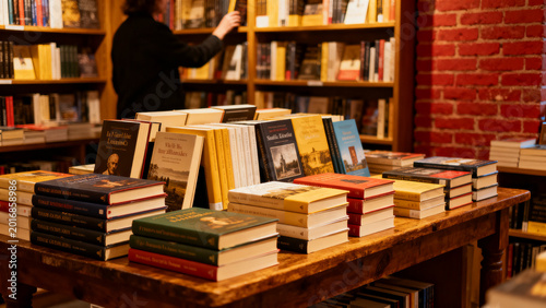 Cozy bookstore interior with a display of stacked books on a wooden table, inviting readers to explore literary treasures