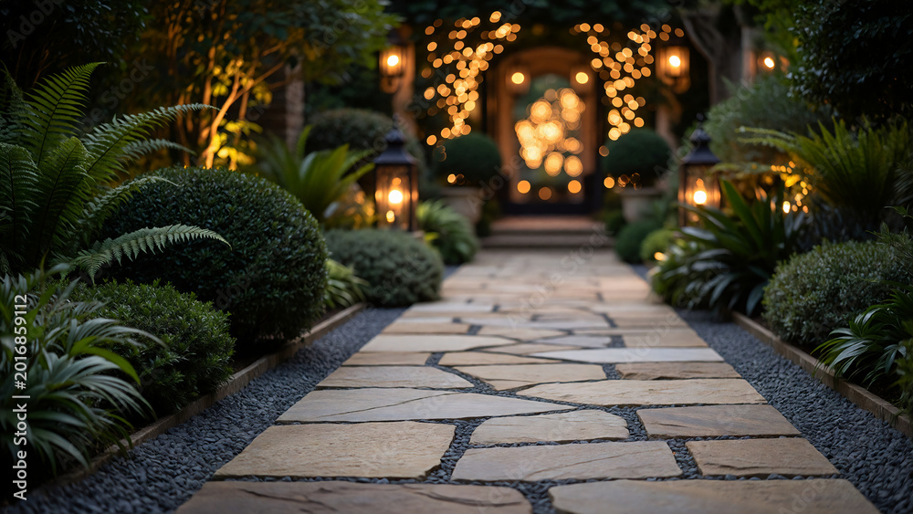 Fototapeta premium luxury garden pathway with blurred warm lights in background, cinematic bokeh, elegant landscaping composition