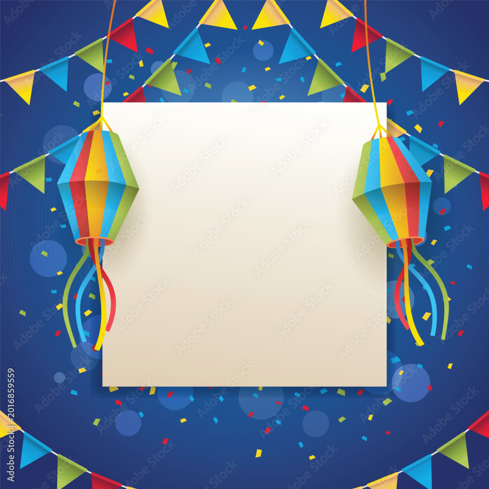 Obraz premium Festive paper lanterns and colorful bunting with blank white frame celebratory illustration high quality