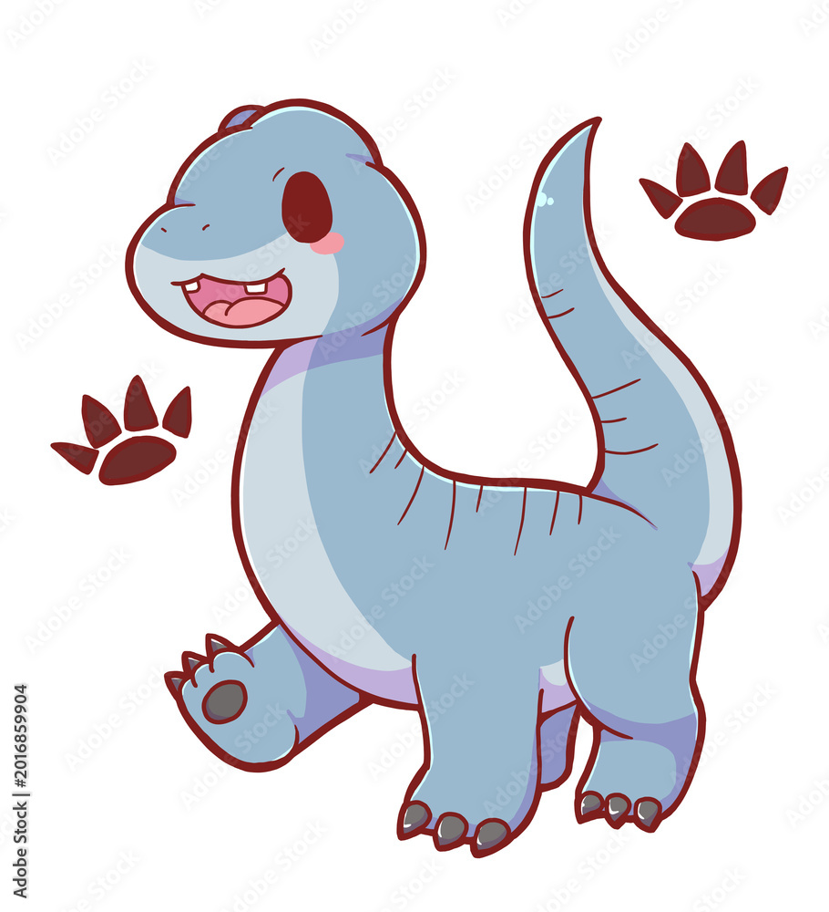 Fototapeta premium Authentic Hand Drawn Cute Brachiosaurus Dinosaur with Footprint Pattern – Kawaii Chibi Long Neck Prehistoric Animal Background Illustration