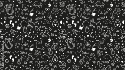 Whimsical monochrome doodle collage of assorted icons and everyday objects in a seamless pattern.