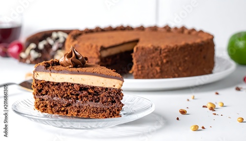 A slice of chocolate cake on a glass plate