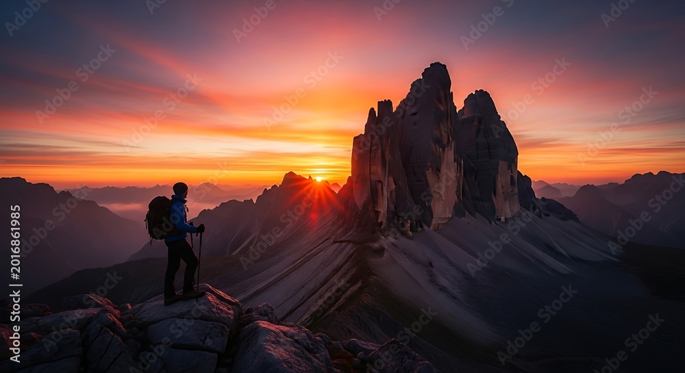 Obraz premium Hiker Standing on Mountain Peak at Tre Cime di Lavaredo During Sunrise
