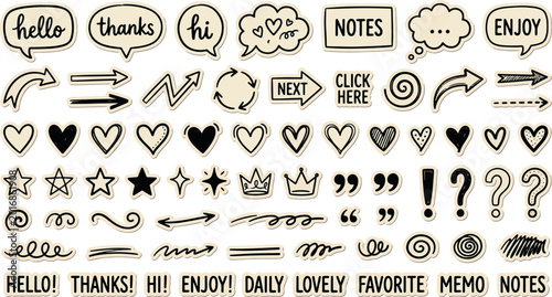 Foto Hand drawn black and white doodle elements set featuring speech bubbles arrows h