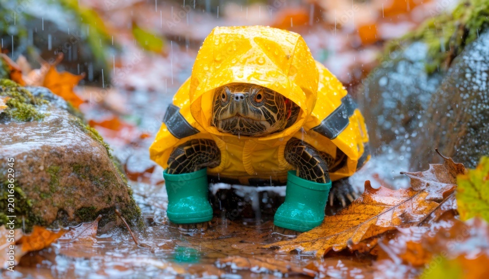 Fototapeta premium Turtle wearing a raincoat and boots in the rain on a rainy day in a forest setting