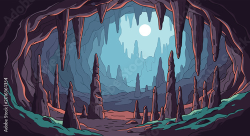 Magnificent interior view of a deep underground cave filled with sharp stalactites stalagmites and a mysterious glowing light source.