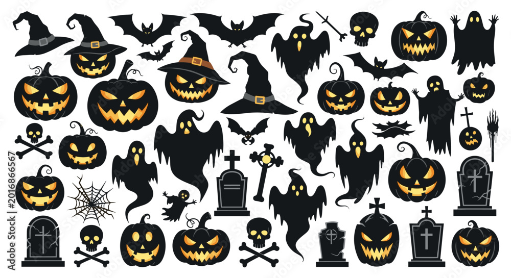 Obraz premium Comprehensive set of Halloween themed silhouettes featuring pumpkins, ghosts, bats, witch hats, skulls, and gravestones with glowing eyes.