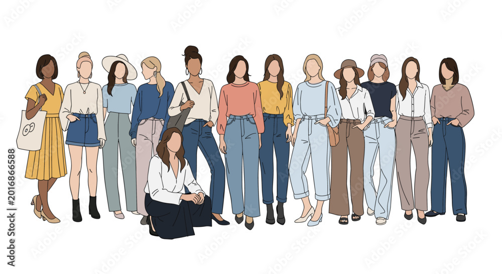Obraz premium Group of diverse women standing together showcasing different fashion styles like casual denim, elegant blouses, and trendy hats.