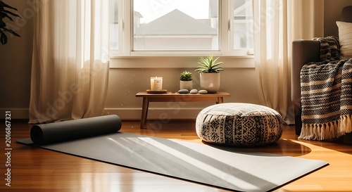Serene Home Yoga Space with Sunlight and Meditation Cushion