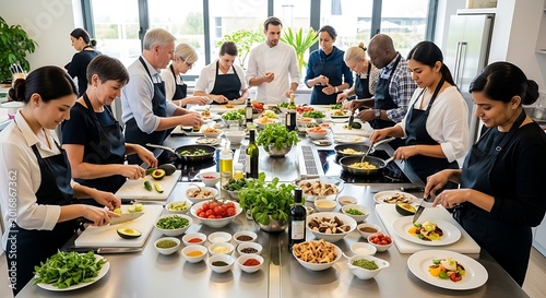 Diverse Professional Culinary Students Learning Cooking Skills in Kitchen Class