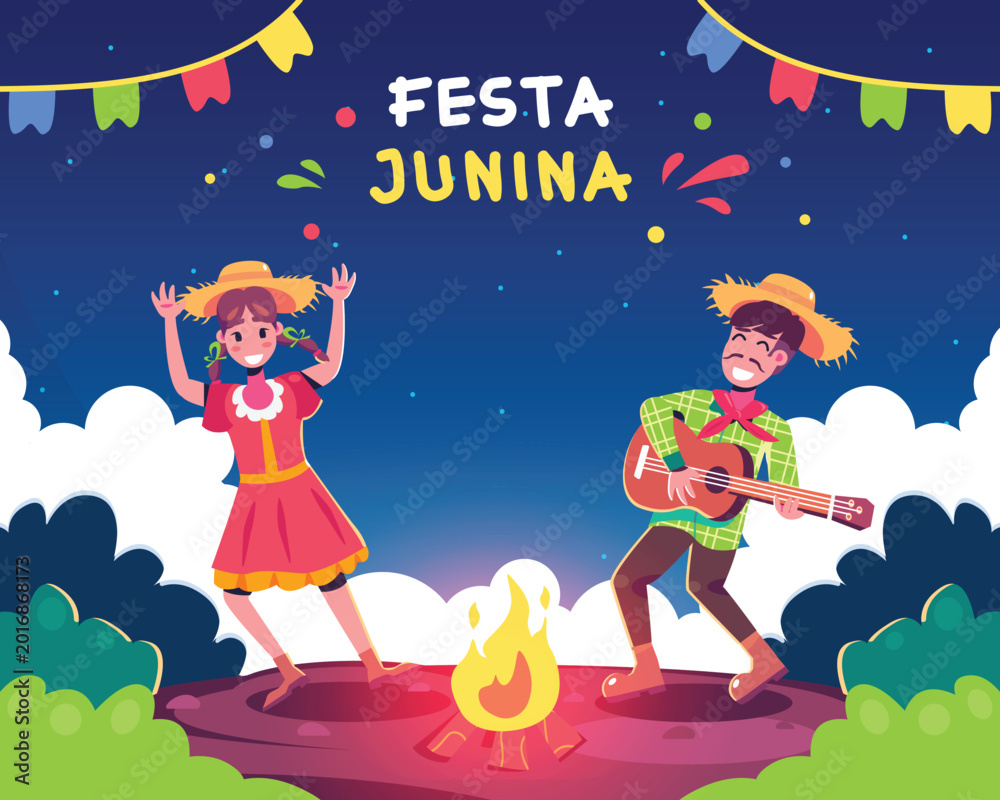 Naklejka premium Festa Junina illustration with dancing couple and bonfire traditional brazilian june festival high quality