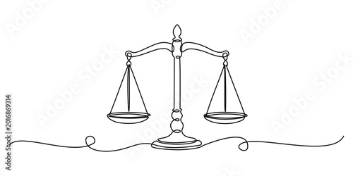 Continuous line drawing of a balance scale, symbolizing fairness, justice, and business ethics, editable line art vector illustration