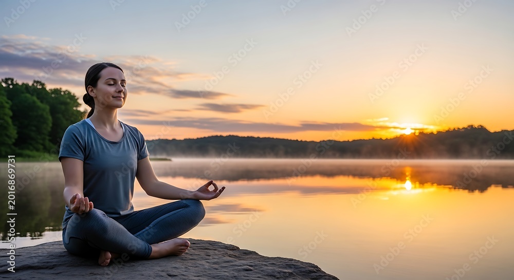 Fototapeta premium Woman Practicing Yoga and Meditation by a Calm Lake at Sunrise