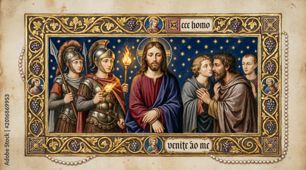 Fototapeta premium Gilded vintage masterpiece captures the timeless biblical betrayal of Christ.